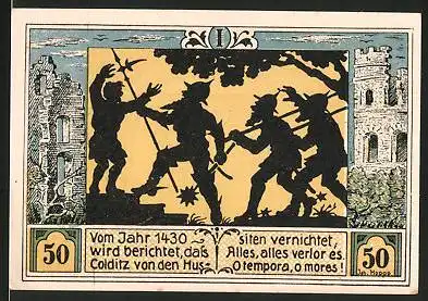 Notgeld Colditz, 1921, 50 Pfennig, Hussiten zerstören den Ort um 1430, Wappen