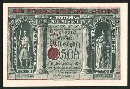 Notgeld Allstedt, 1921, 50 Pfennig, König Heinrich I. & Otto I., Sachsenburg, Kyffhäuser & Schloss