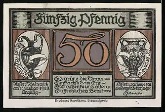 Notgeld Ilsenburg, 1921, 50 Pfennig, Wilder Mann, Hirsch & Rehe, Amphore, Karaffe