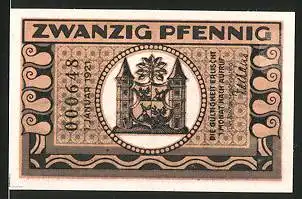 Notgeld Ilmenau, 1921, 20 Pfennig, Ortswappen, Mann auf Bank sitzend