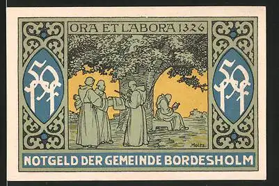 Notgeld Bordesholm, 1921, 50 Pfennig, Mönche an der Gerichtslinde um 1326, Wappen