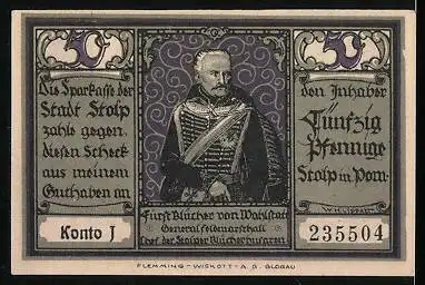 Notgeld Stolp, 50 Pfennig, Fürst Blücher von Wallfahrt, Blücher als Gefangener