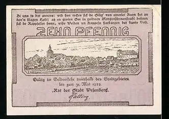 Notgeld Wesenberg, 1922, 10 Pfennig, Partie im Ort mit Kirche, Ortsansicht
