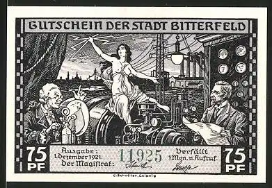 Notgeld Bitterfeld, 1921, 75 Pfennig, nackte Frau auf Aggregat sitzend, Elektrizitätswerk, Grosskraftwerk