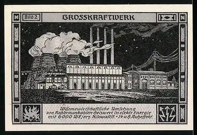 Notgeld Bitterfeld, 1921, 75 Pfennig, nackte Frau auf Aggregat sitzend, Elektrizitätswerk, Grosskraftwerk
