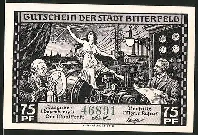 Notgeld Bitterfeld, 1921, 75 Pfennig, nackte Frau auf Aggregat sitzend, Elektrizitätswerk, Kohlentagebau