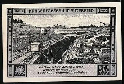 Notgeld Bitterfeld, 1921, 75 Pfennig, nackte Frau auf Aggregat sitzend, Elektrizitätswerk, Kohlentagebau