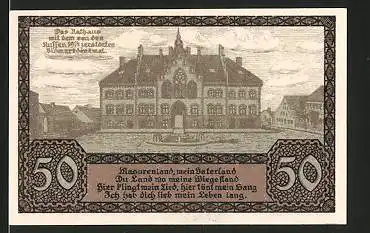 Notgeld Johannisburg, 1920, 50 Pfennig, Rathaus, von Russen zerstörtes Bismarck-Denkmal