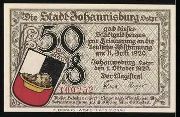 Notgeld Johannisburg, 1920, 50 Pfennig, Rathaus, von Russen zerstörtes Bismarck-Denkmal