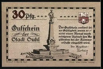 Notgeld Suhl, 30 Pfennig, Maschinengewehr-Stellung im 1. Weltkrieg, Kriegerdenkmal, Wappen