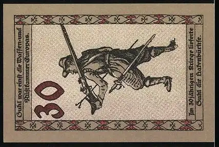 Notgeld Suhl, 30 Pfennig, Kriegerdenkmal, Wappen, Schütze mit Hakenbüchse im 30 jährigen Krieg