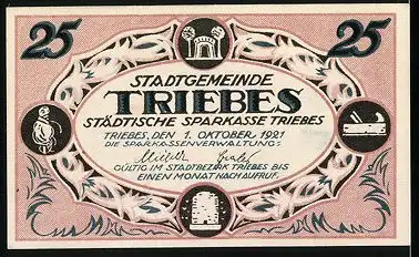 Notgeld Triebes, 1921, 25 Pfennig, Gebäudeansicht, Zunftwappen