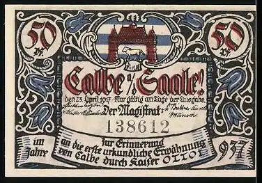 Notgeld Calbe, 1917, 50 Pfennig, Wappen, Roland fehlt zum Schmäuschen