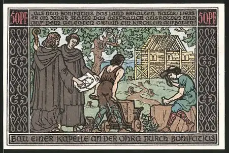 Notgeld Ohrdruf, 1921, 50 Pfennig, Bonifatius ordent den Bau einer Kapelle an, Rathaus, Wappen, Denkmal