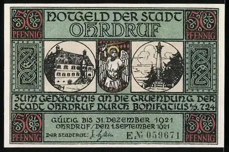 Notgeld Ohrdruf, 1921, 50 Pfennig, Bonifatius ordent den Bau einer Kapelle an, Rathaus, Wappen, Denkmal