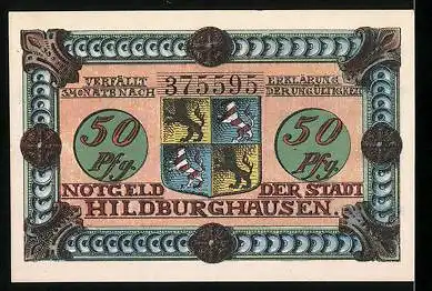Notgeld Hildburghausen, 1921, 50 Pfennig, Waschfrau schleppt Korb mit Schmutzwäsche, Stadtwappen