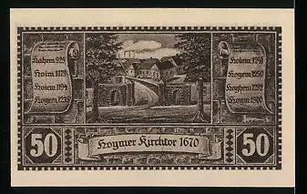 Notgeld Hoym, 1921, 50 Pfennig, Ortsansicht um 1700, Kirchtor um 1670