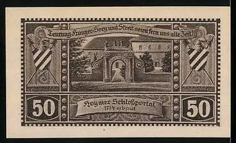 Notgeld Hoym, 1921, 50 Pfennig, Ortsansicht um 1700, Partie am Schlossportal