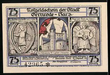 Notgeld Gernrode, 1921, 75 Pfennig, Südseite der Stiftskirche, Aussenansicht der Kirche, Relief am Taufstein