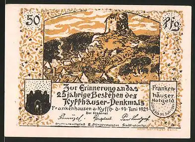 Notgeld Frankenhausen, 1921, 50 Pfennig, Ortsansicht mit Burgruine, Barbarossa auf dem Kyffhäuser