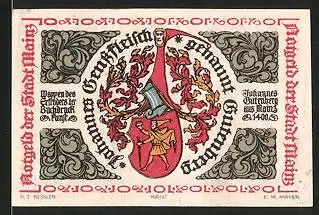 Notgeld Mainz, 1921, 10 Pfennig, Wappen von Johannes Gutenberg, Stadtwappen
