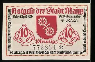 Notgeld Mainz, 1921, 10 Pfennig, Wappen von Johannes Gutenberg, Stadtwappen