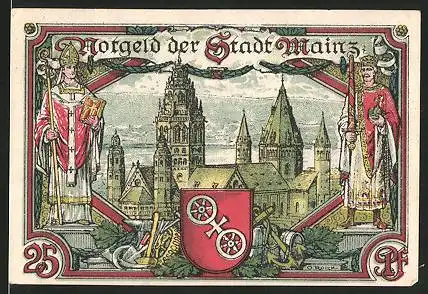 Notgeld Mainz, 1921, 25 Pfennig, Dom, Kathedrale, Bischof, König & Wappen, Blick über den Rhein zur Stadt