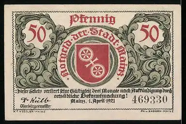 Notgeld Mainz, 1921, 50 Pfennig, Adlerfibel der Kaiserin Gisela, Wappen