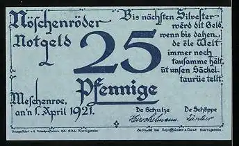 Notgeld Meschenroe, 1921, 25 Pfennig, Silhouette Bauer mit Kühen