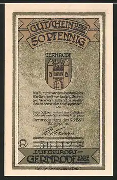 Notgeld Gernrode, 1921, 50 Pfennig, Wappen, Ritter