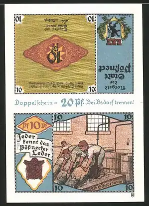 Notgeld Pössneck, 20 Pfennig, Wappen, Malzfässer, Leder