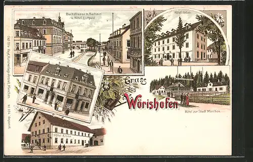 Lithographie Bad Wörishofen, Bachstrasse mit Kurhaus & Hotel Luitpold, Hotel Urban, Hotel zur Stadt München, Hotel Krone