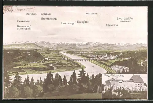 AK Tittmoning, Burg Tittmoning, Panorama mit Salzachtal, Untersberg und Watzmann