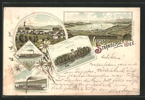 Lithographie Roseninsel, Ortsansicht, Dampfer Wittelsbach & Luitpod auf dem Starnberger See