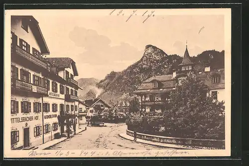 AK Oberammergau, Hauptplatz mit Kirche am Hotel "Wittelsbacher Hof2
