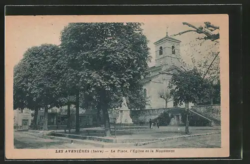 AK Les Avenières, La place, l'église et le monument