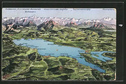 AK Konstanz, Bodensee-Landkarte mit umliegenden Ortschaften