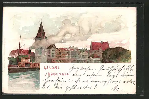 Künstler-Lithographie Fritz Voellmy: Lindau im Bodensee, Teilansicht