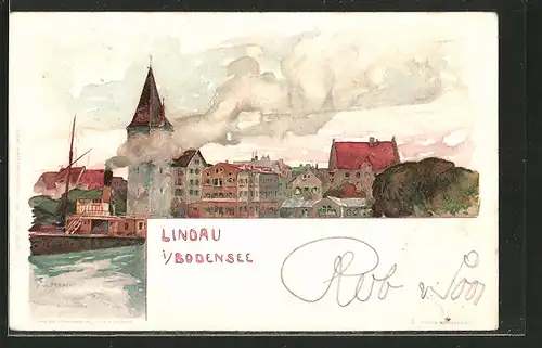 Künstler-Lithographie Fritz Voellmy: Lindau mit auslaufendem Dampfer