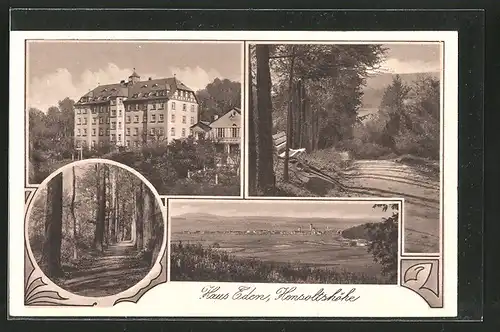 AK Gunzenhausen, Hensoltshöhe, Haus Eden, Waldpartie und Panoramablick