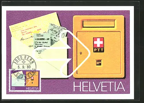 Maximum-AK Helvetia, Briefumschlag mit Postscheck, Briefkasten PTT