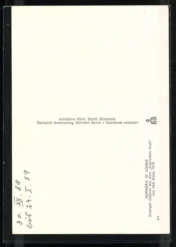 Foto-AK Deutscher Kunstverlag, NR 6c: Nürnberg, St. Lorenz, Erzengel Gabriel aus dem "Englischen Gruss"