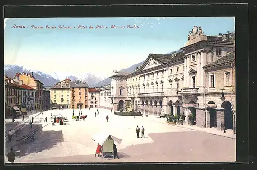 AK Aosta, Piazza Carlo Alberto, Hotel de Ville e Mon. ai Caduti