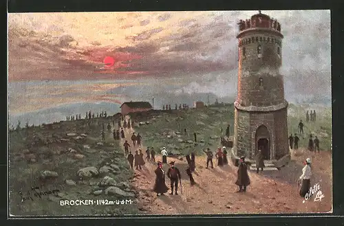 Künstler-AK Brocken, Aussichtsturm und Wanderer bei Sonnenuntergang