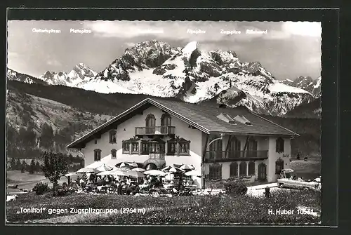 AK Mittenwald-Brunnental, Cafe Tonihof gegen Zugspitzgruppe