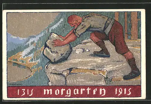 AK Morgarten, Urnertag 1915, Mann schiebt Felsbrocken über die Kante einer Klippe, Ganzsache Schweiz