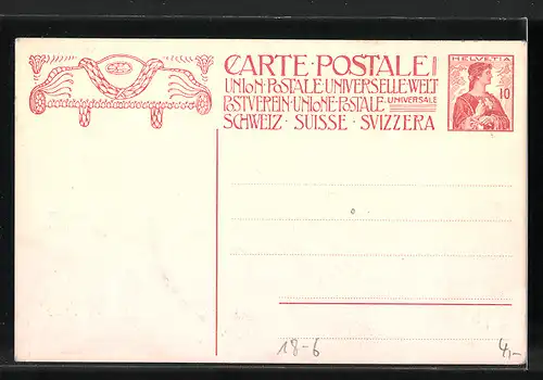 AK Postverein Schweiz, 1909, Göttin mit Wappen & Siegerkranz, Ganzsache Schweiz