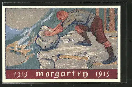 AK Morgarten, Urnertag 1915, Mann schiebt Felsbrocken zur Kante der Schlucht, Ganzsache Schweiz