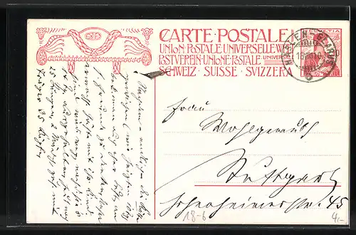 AK Postverein Schweiz 1909, Göttin mit Wappen & Ehrenkranz, Ganzsache Schweiz