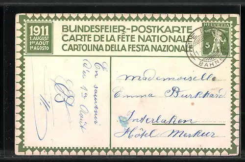 Künstler-AK Schweizer Bundesfeier 1911, Ritter im Kampf mit Fussvolk, Ganzsache